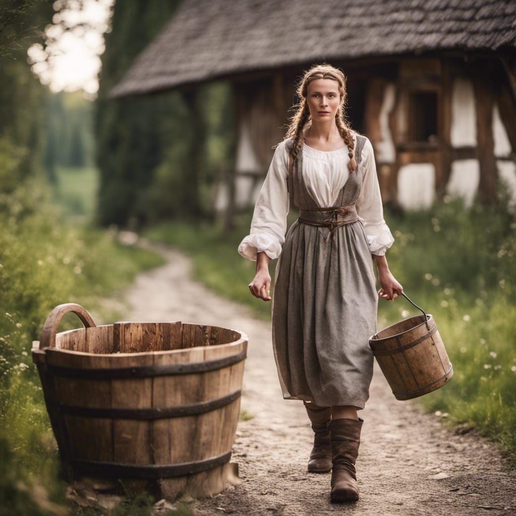Medieval Peasant Woman with Milk Bucket, Professional Photog...