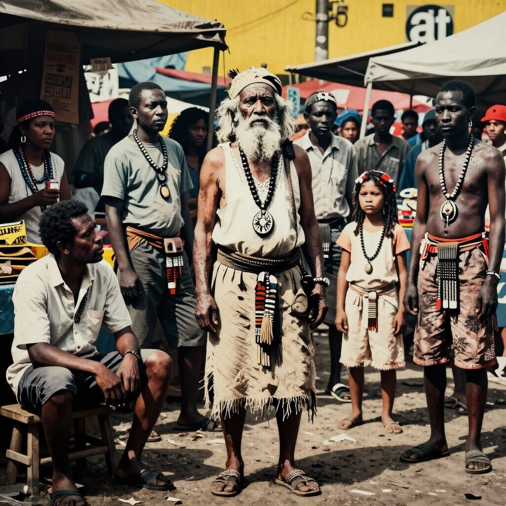 Tribal Elder Addresses Community in Stencil Art Style