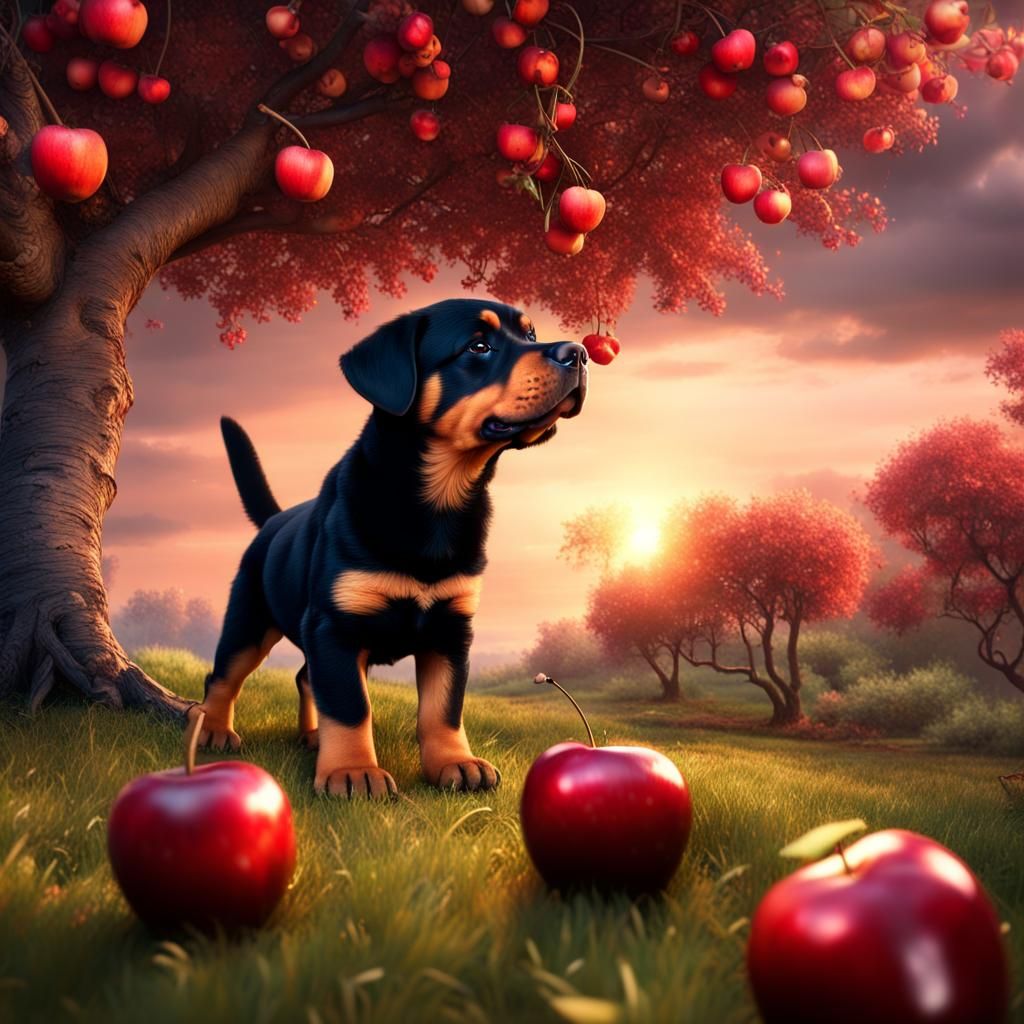 Rottweiler Puppy Eats Apples: Detailed Matte Painting