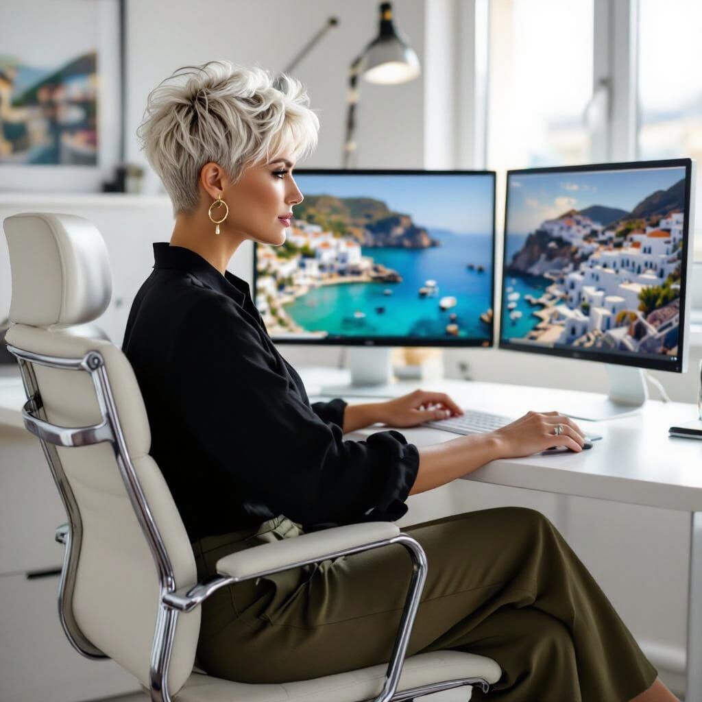 Woman in Office Chair Gazes at Mediterranean Coast Display