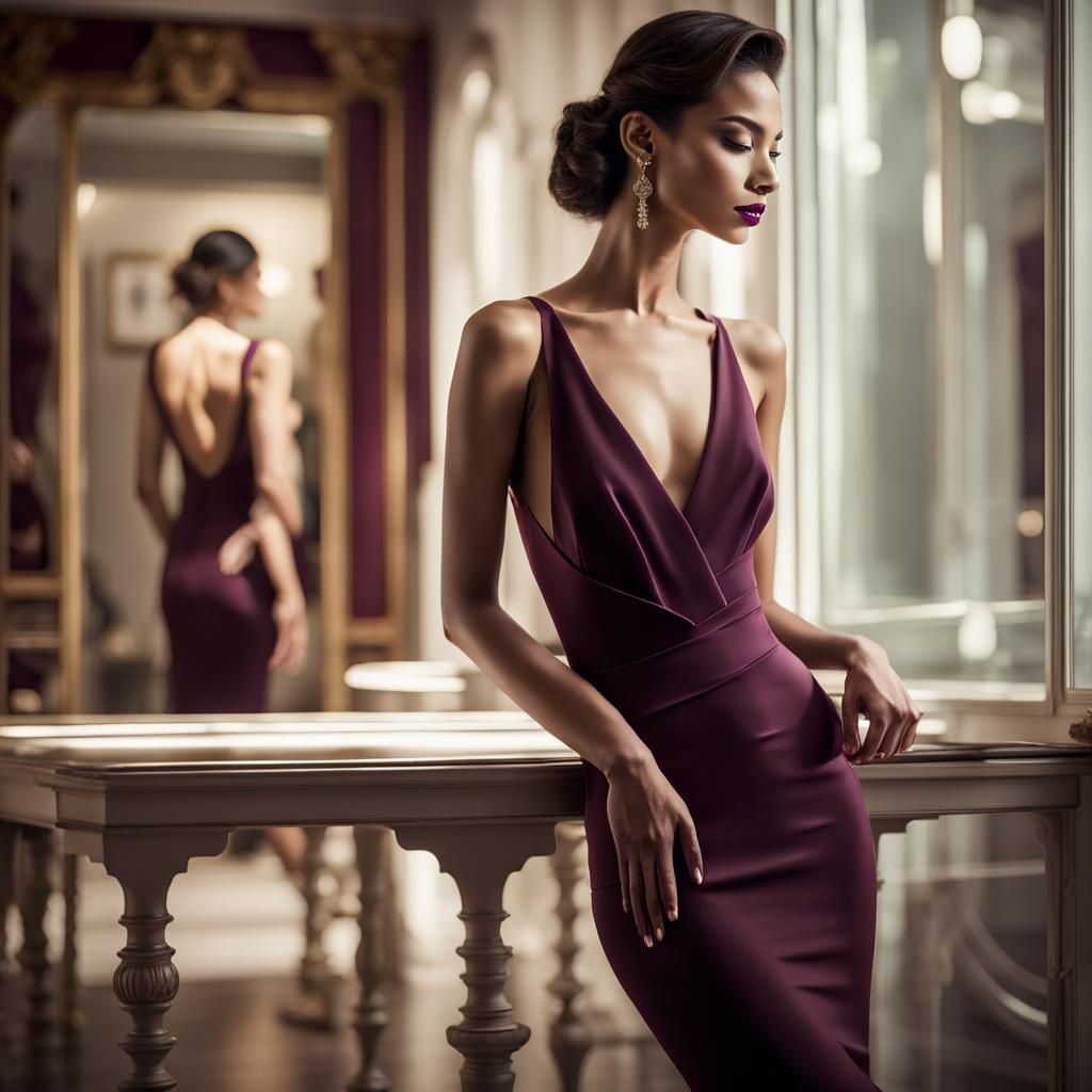 Elegant Woman in Plum Dress, High-Fashion Editorial