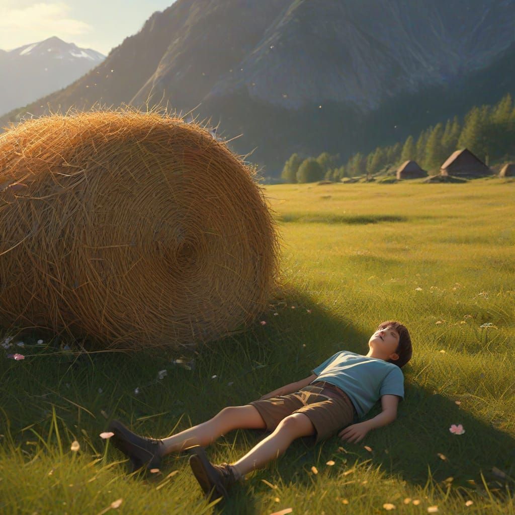 Boy Resting in Sunny Mountain Meadow with Flowers