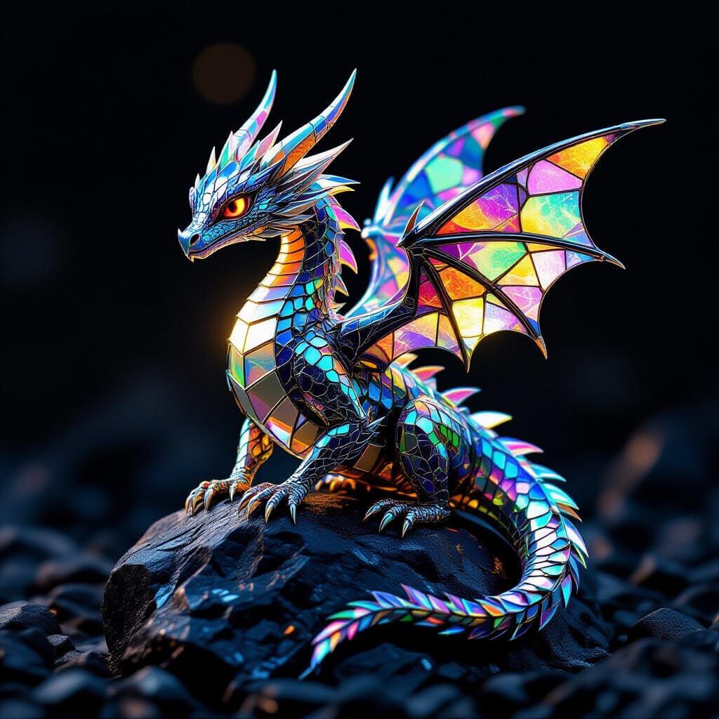 Tiny Shattered Glass Dragon on Obsidian Rock