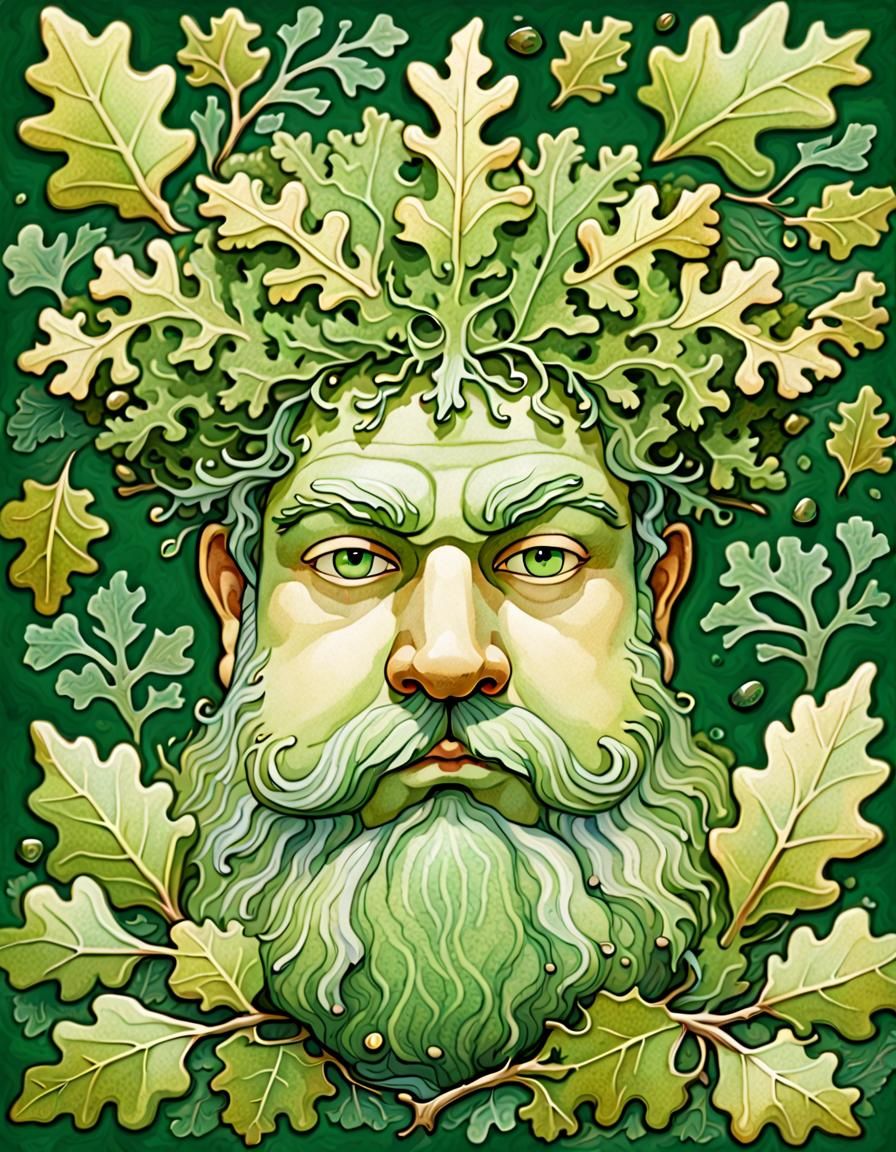 Art Nouveau Green Man with Oak Leaf Face