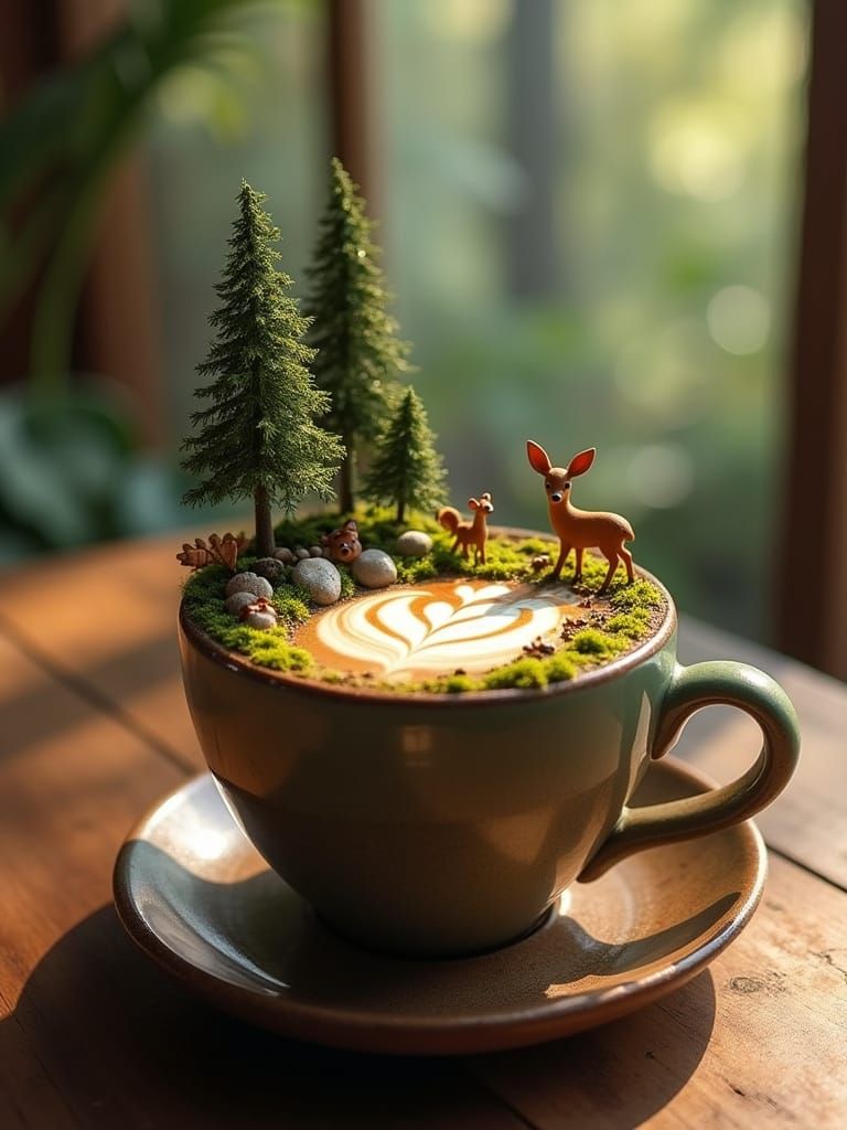 Latte Art Forest Scene in Cozy Cafe