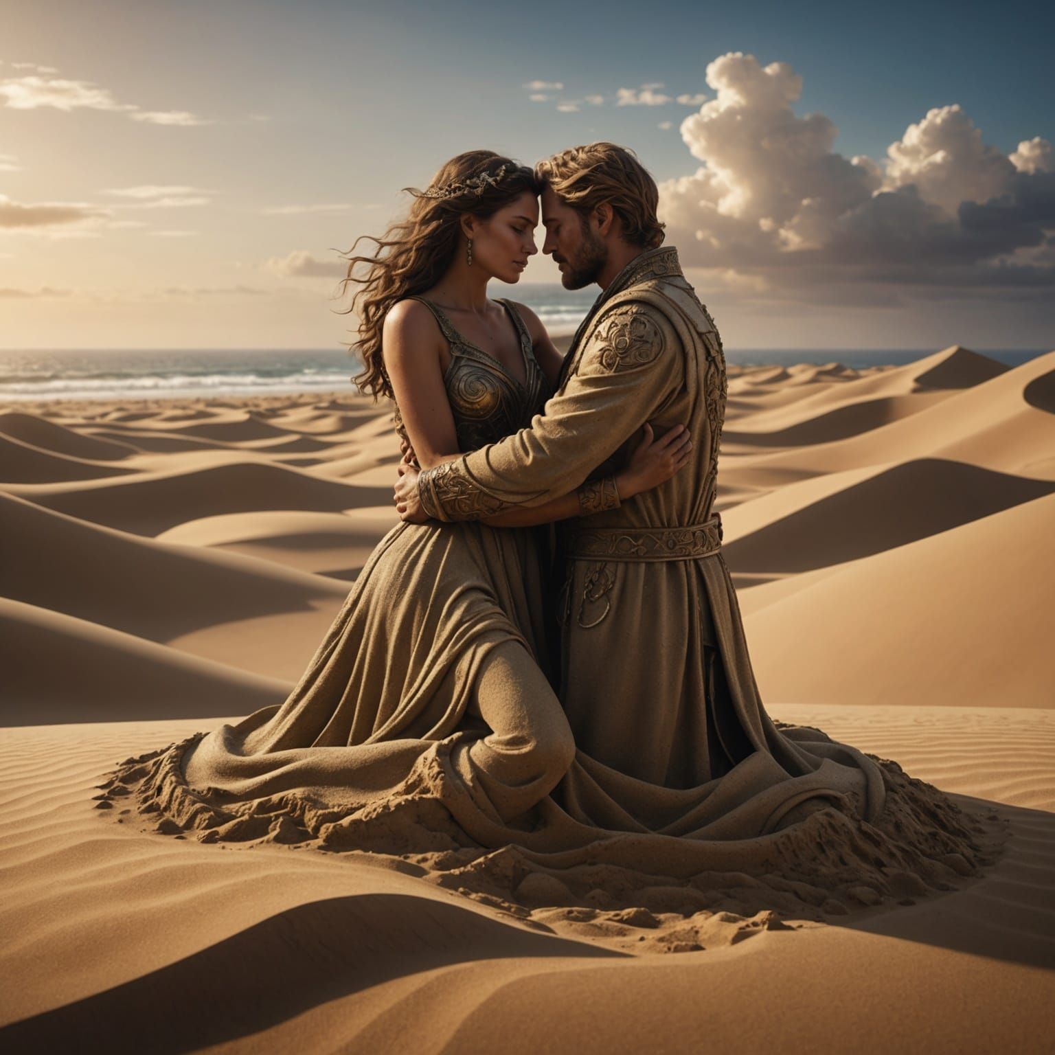 Sand Couple Embrace: Detailed Fantasy Concept Art