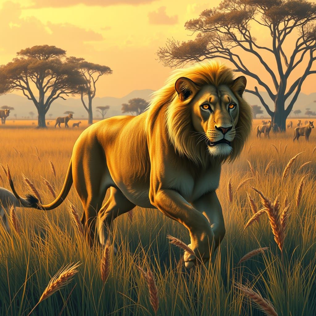 Majestic Lioness in Futuristic Savannah Landscape