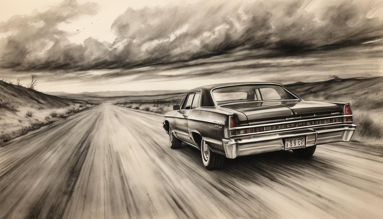 1967 Impala Brothers Speeding into Sunset Ink Drawing