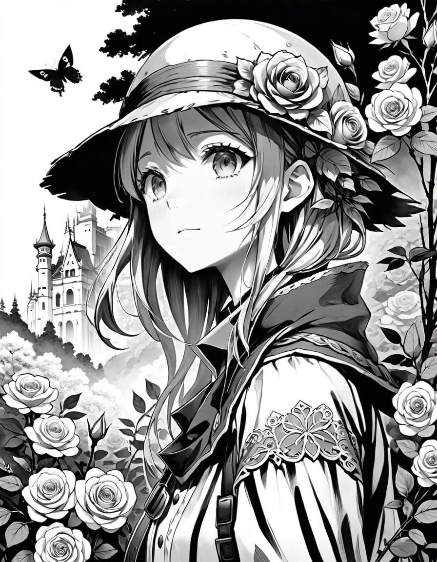European Girl with Roses in Manga Ink Art
