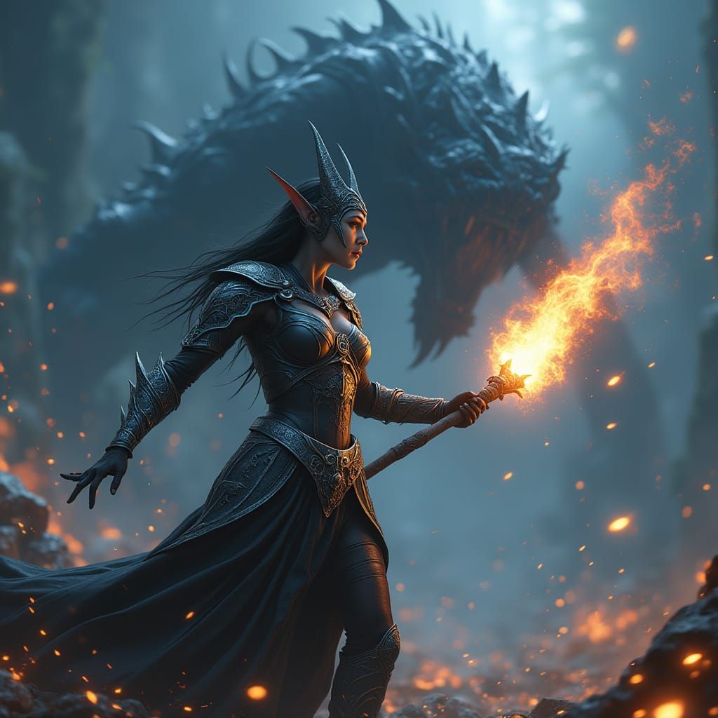 Dark Elf Sorceress Unleashes Radiant Light Against Twisted B...