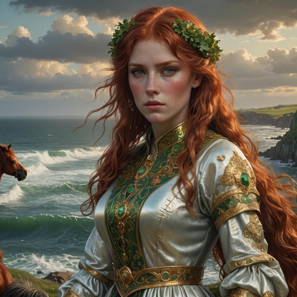 Vibrant Portrait of a Redhead in an Irish Landscape