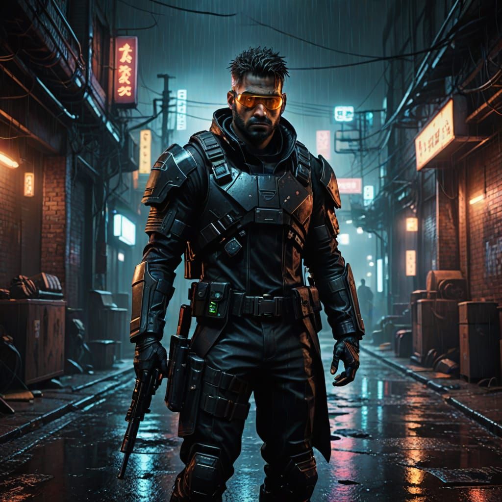 Gritty Cyberpunk Bounty Hunter in Neon Alleyway