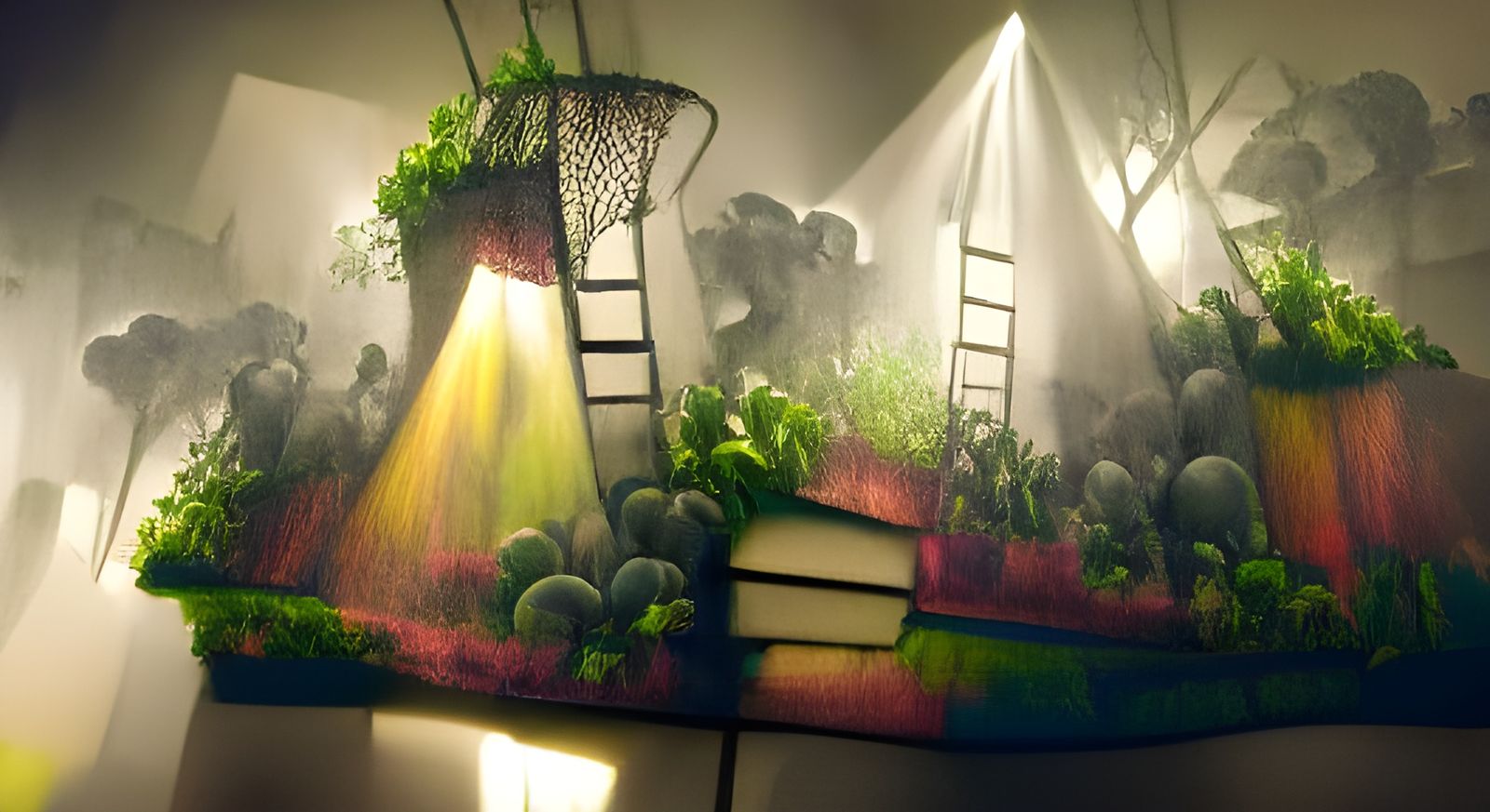 Hanging Gardens Storybook Illustration with Volumetric Light...