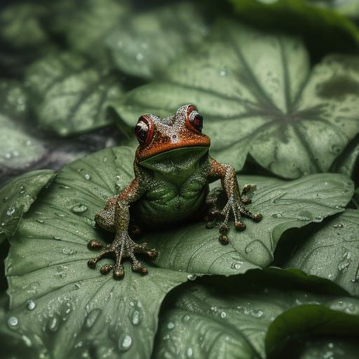 Vibrant Frog Emerges from a Splashy Wet Leaf in Hyperrealist...