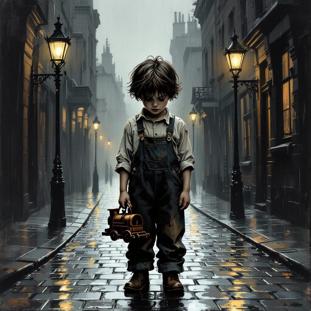 Orphan Boy in Victorian City Street
