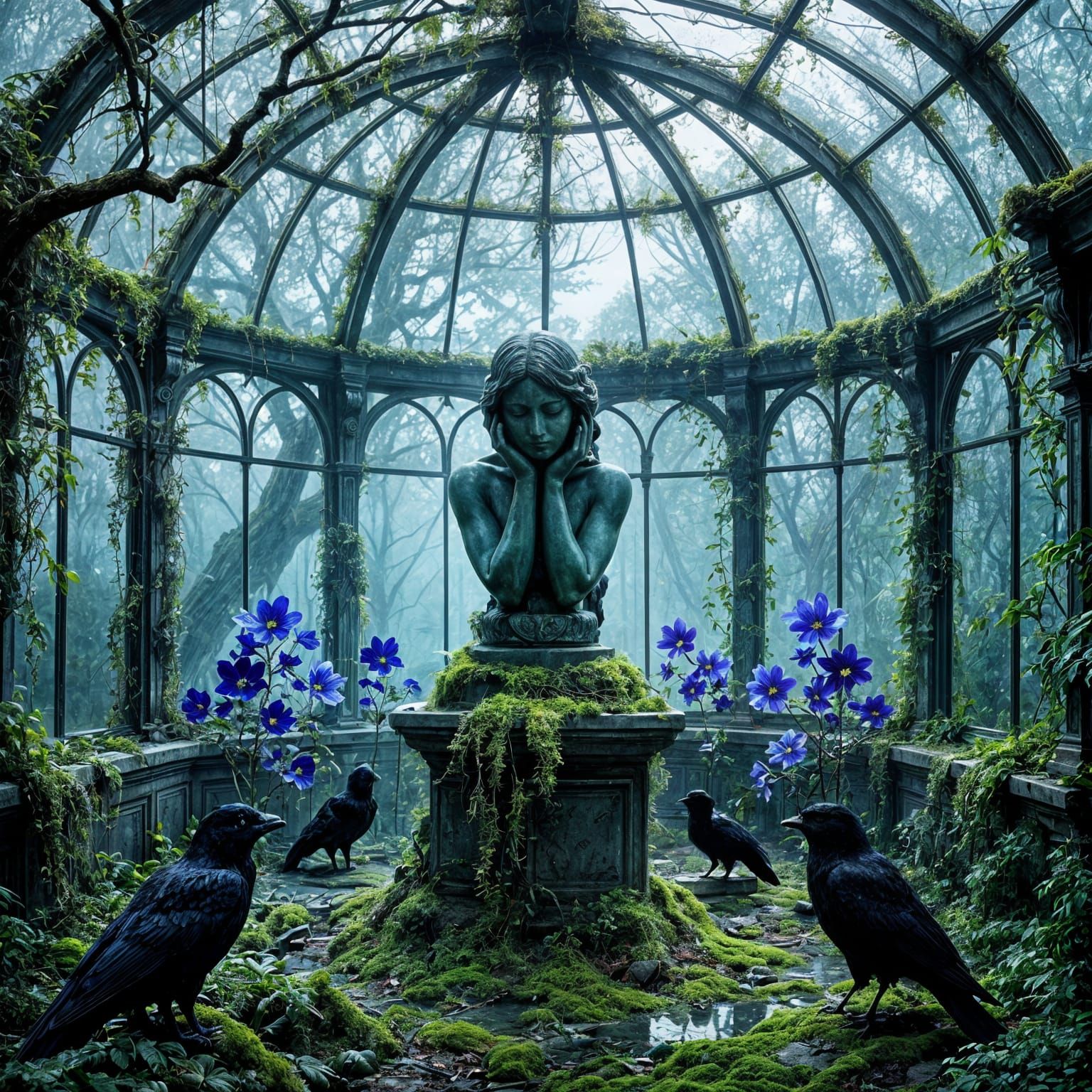 Surreal Abandoned Greenhouse with Glowing Flowers