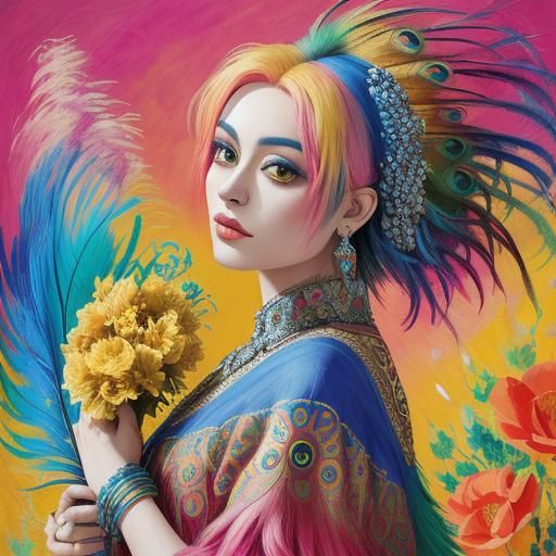 Vibrant Abstract: Silver Woman and Dragon Peacock