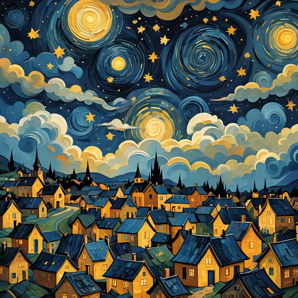 Cubist Starry Night Sky Over Sleepy Village