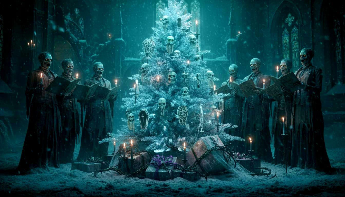 Gothic Christmas Scene with Undead Carolers and Ash Snow