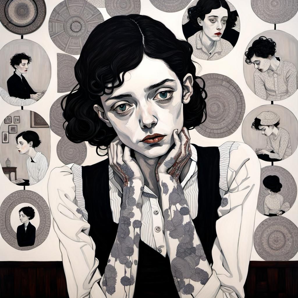 Monochromatic Portrait of Anticipation in Expressionist Styl...