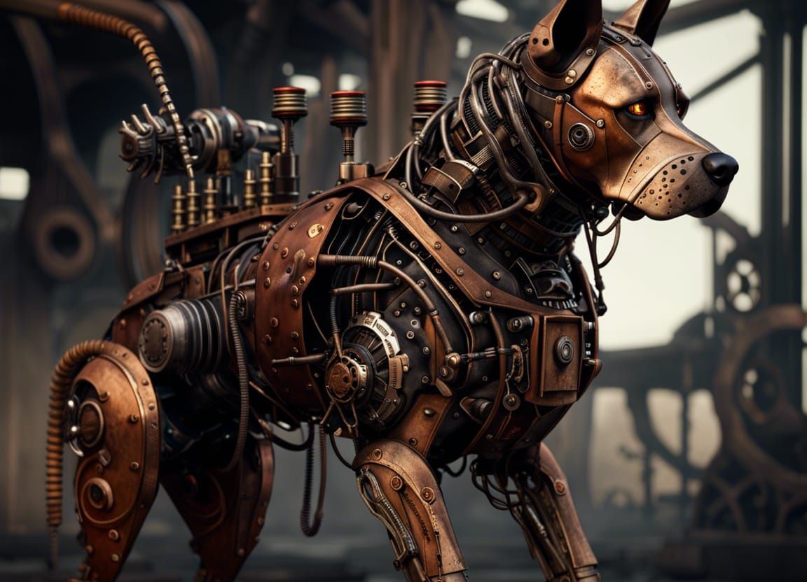 Steampunk Cyborg Dog with Rusty Armor