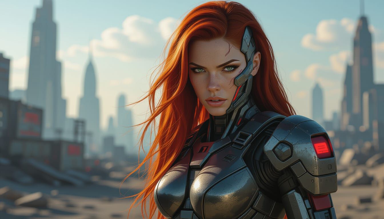 Fierce Cyborg in Futuristic Cityscape: Hyperrealistic Portra...