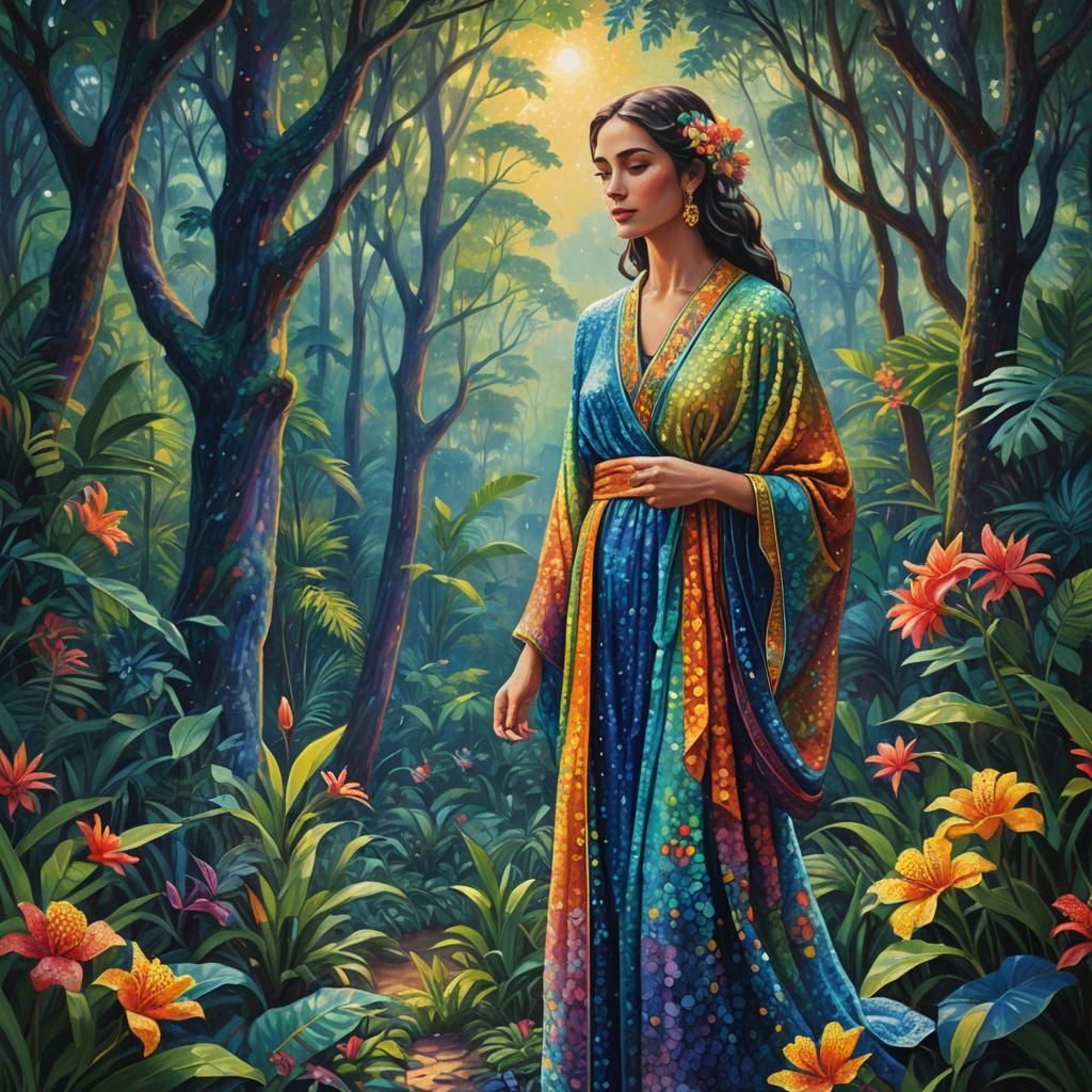 Pointillist Figure in a Lush Jungle Landscape