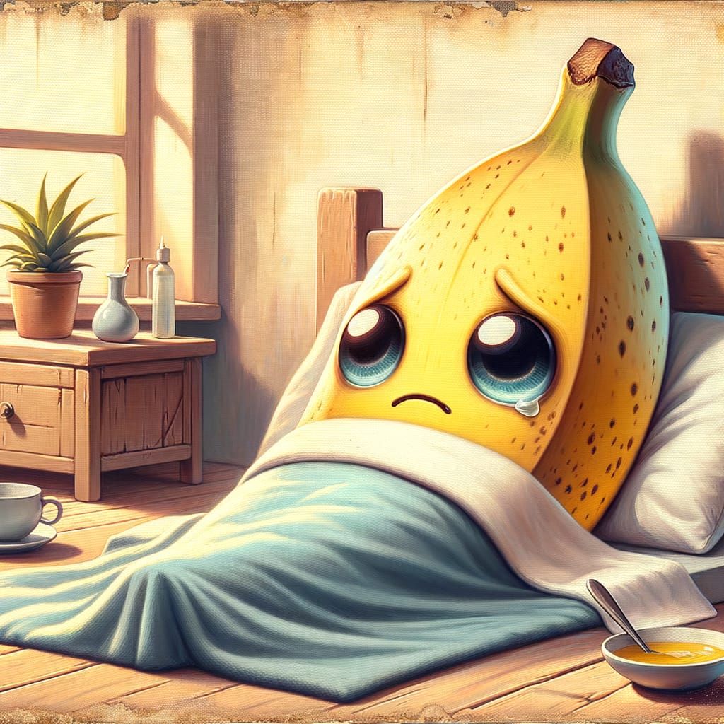 Sad CGI Banana in Kitchen: Oil Painting