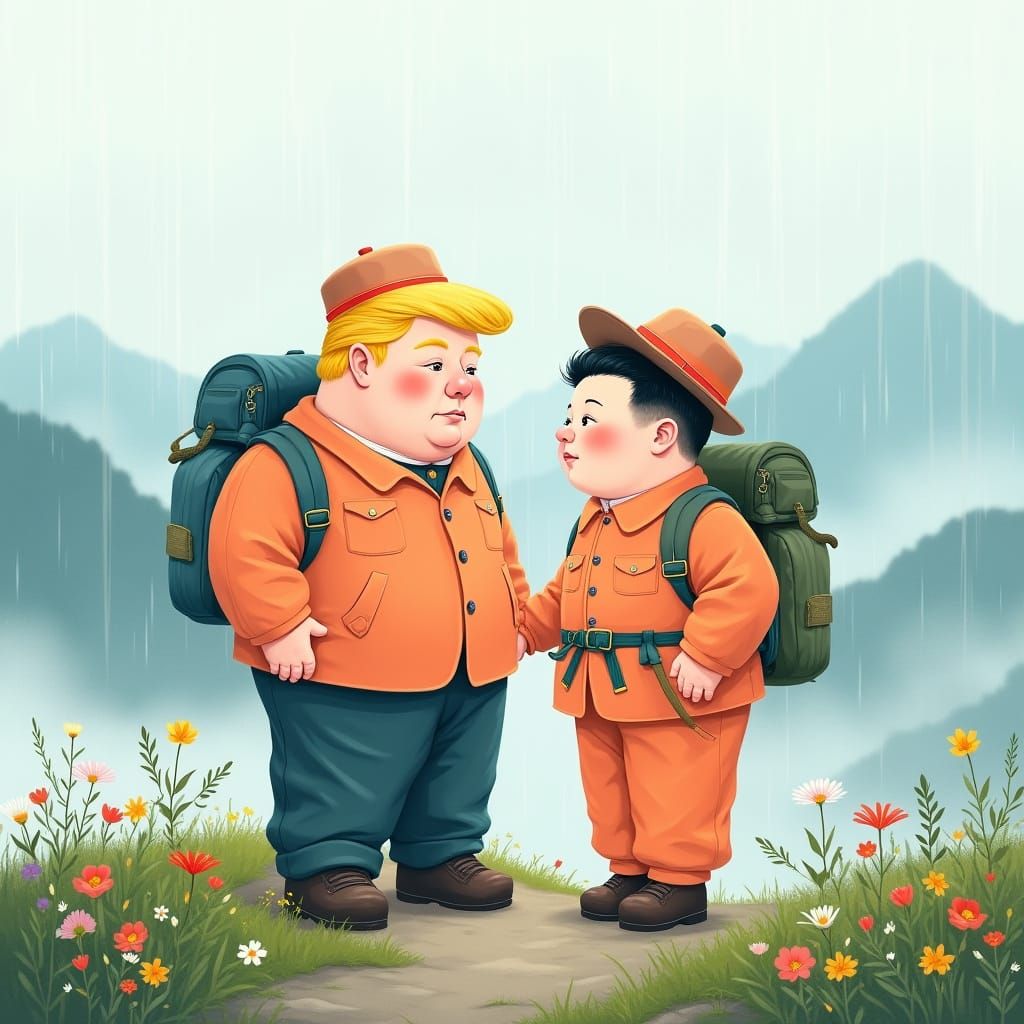 Pastel Hiking Buddies on a Serene Mountain Peak