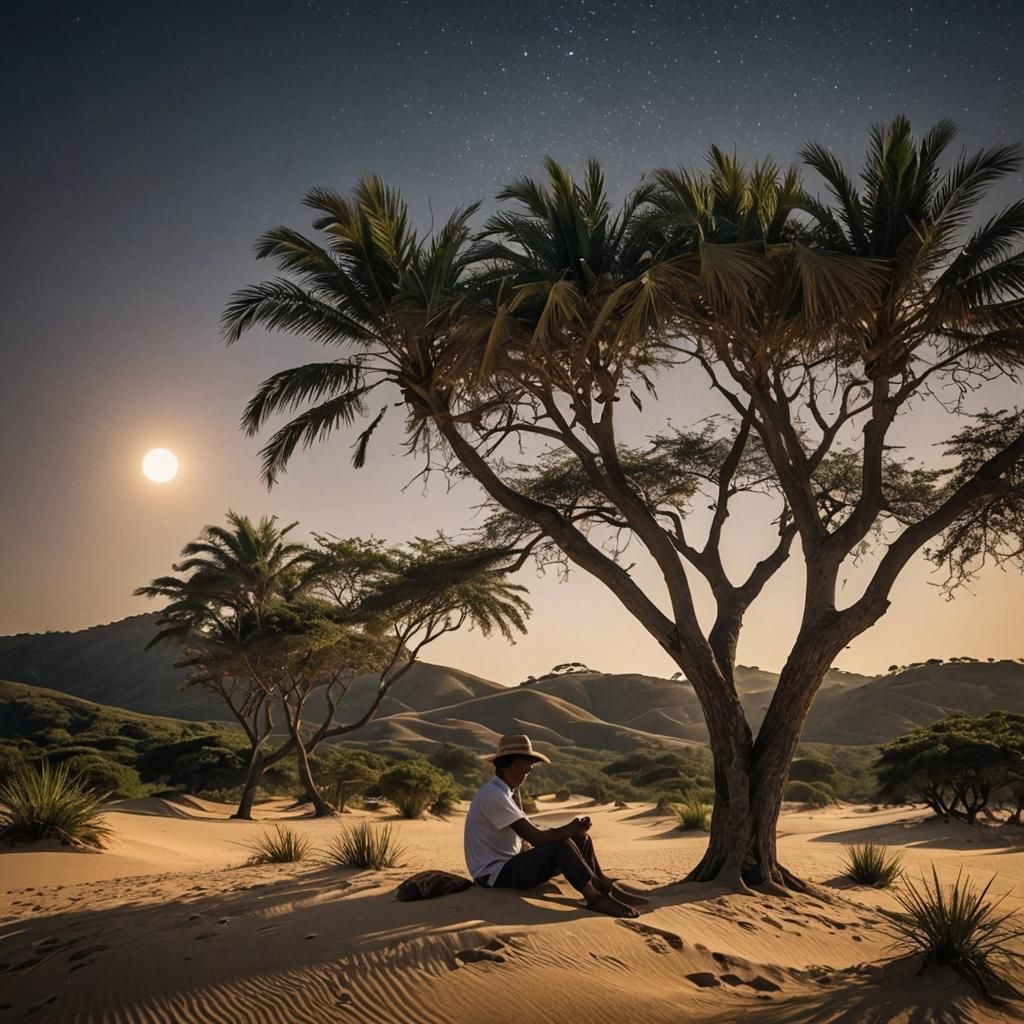 Moonlit Palm Tree Oasis with Resting Traveler