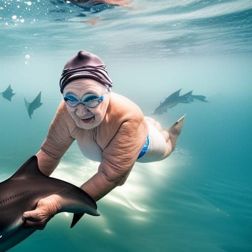 Grandma swimming with sharks