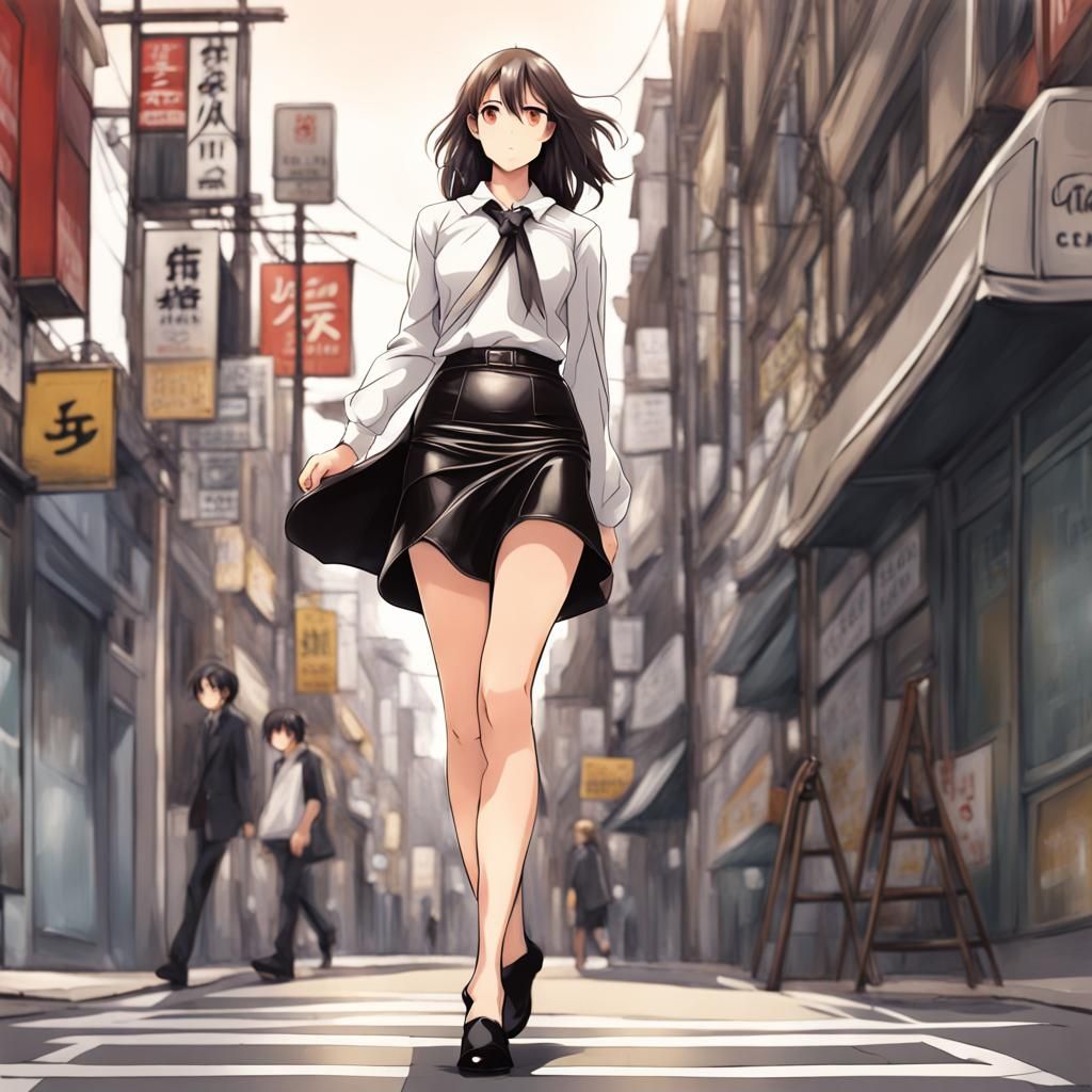 Woman in Leather Skirt: Anime Style Street Scene