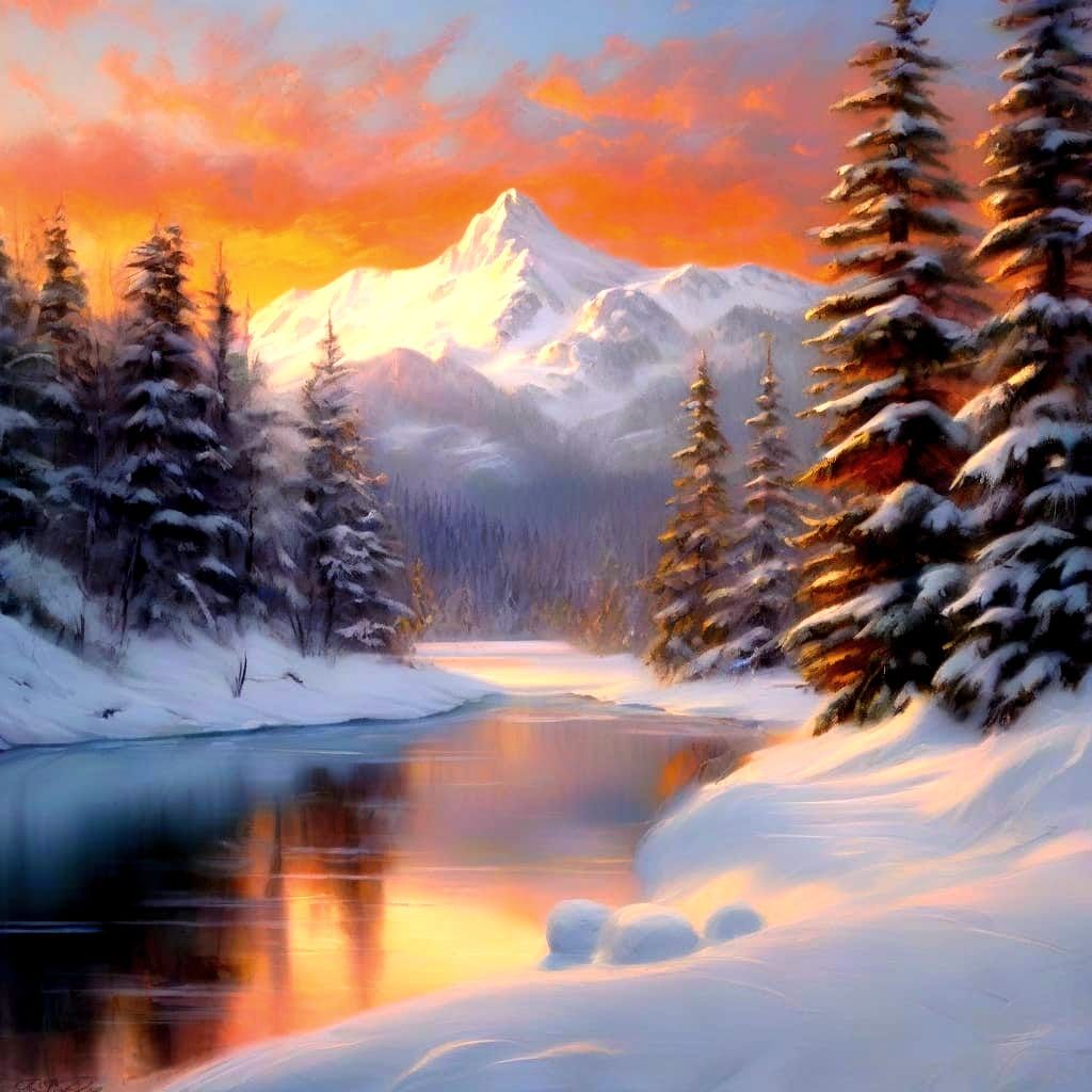 Serene Winter Sunset Over Snow-Covered Mountains and Frozen ...