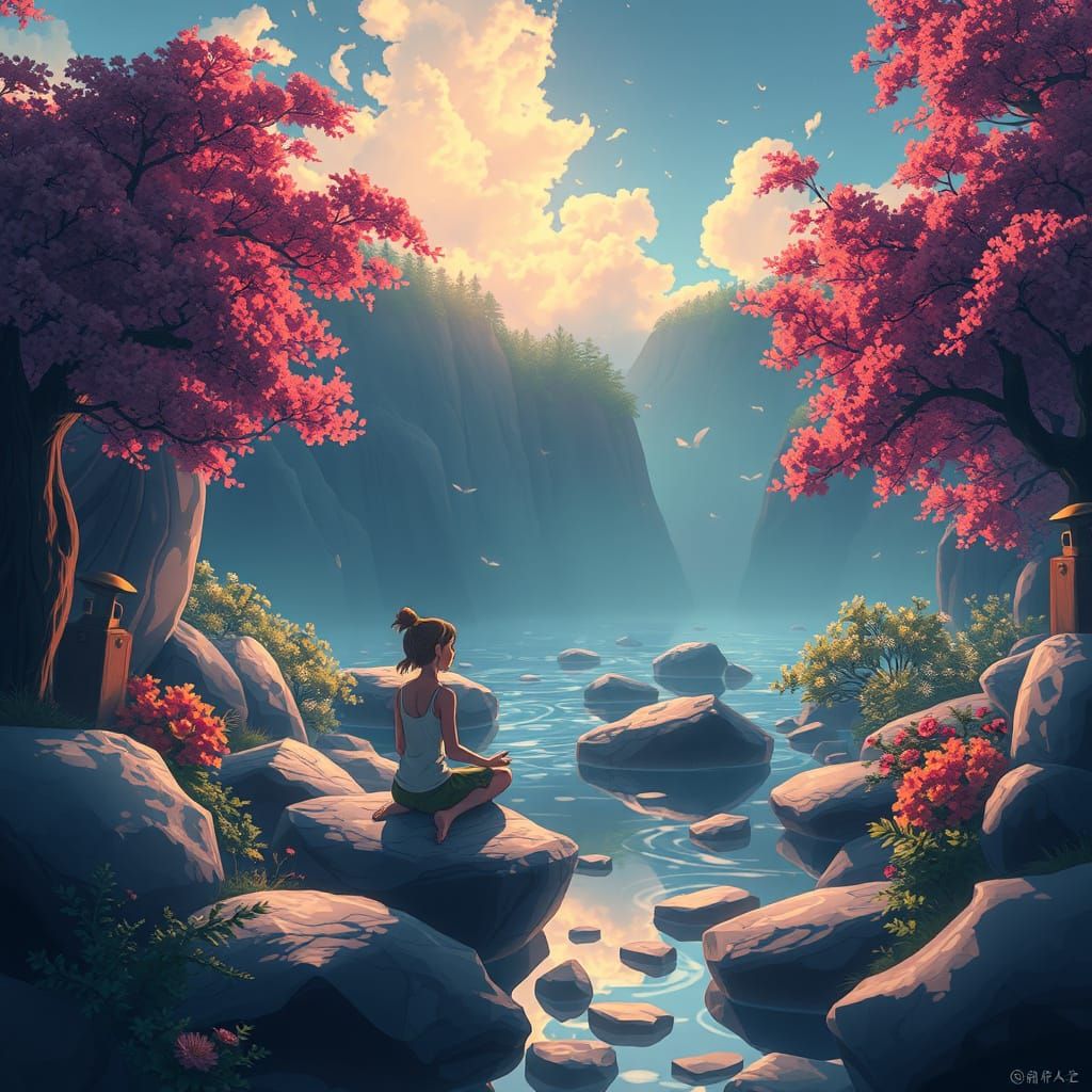 Soul Regaining Lightness in Tranquil Anime Landscape