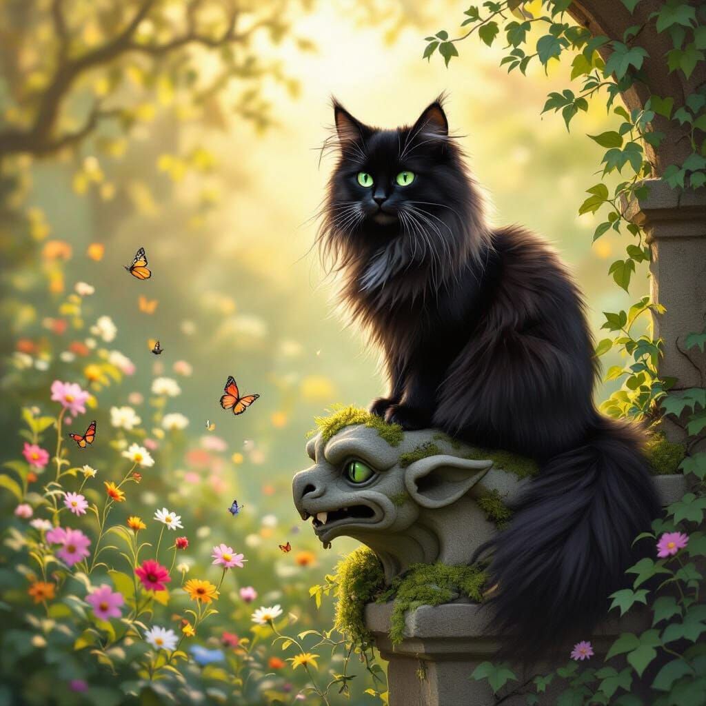 Black Cat on Gargoyle in Fairy Tale Style