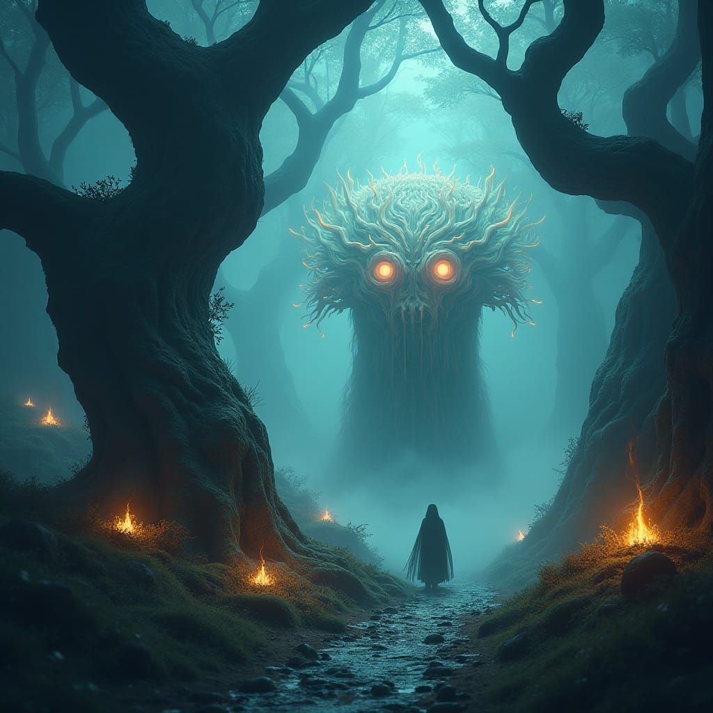 Mystical Being in Eerie Forest Realm