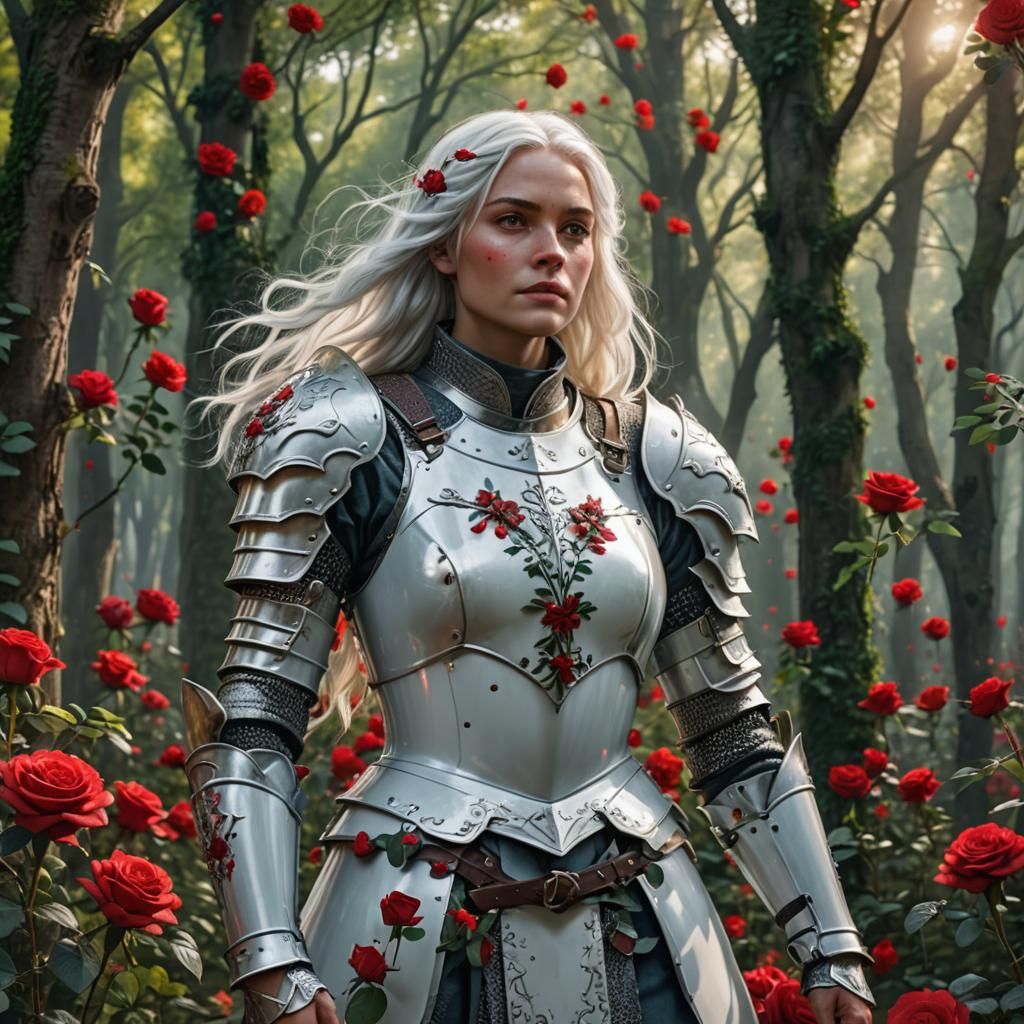Female Knight in White Armor in Rose Forest