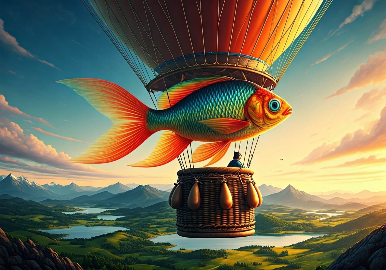 Rainbow Fish Soaring in Ornate Hot Air Balloon