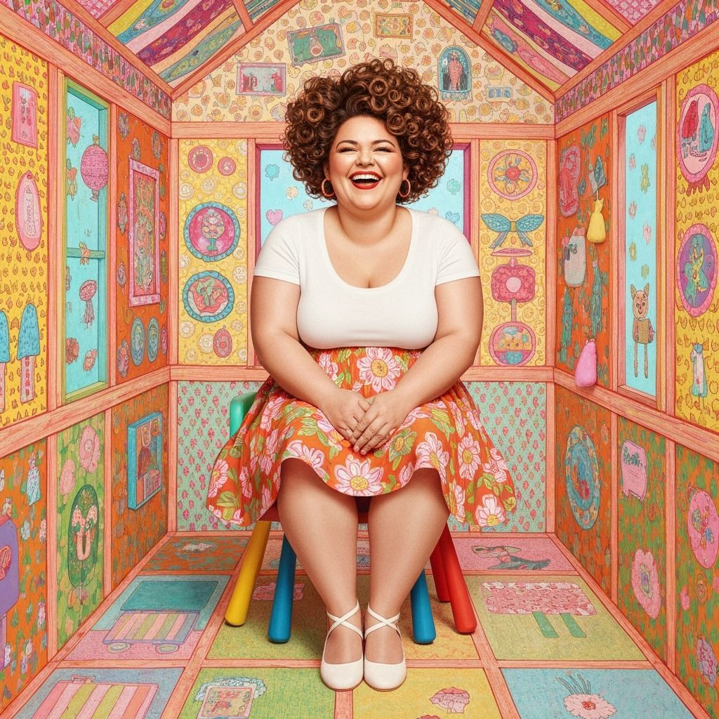 Woman in Playhouse, Whimsical Illustrative Style