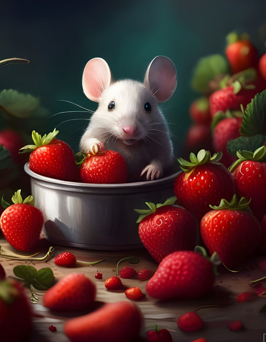 Cute Mouse in Strawberry Patch: Detailed Illustration
