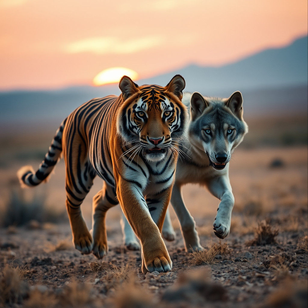 Tiger and Wolf Running at Sunset