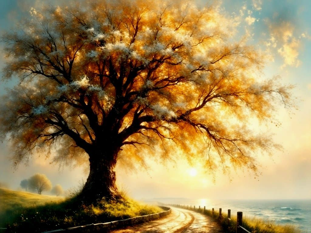 Ethereal Maple Tree in Serene Seascape