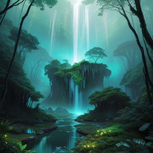 Exotic Alien Oasis Amidst Bioluminescent Jungle