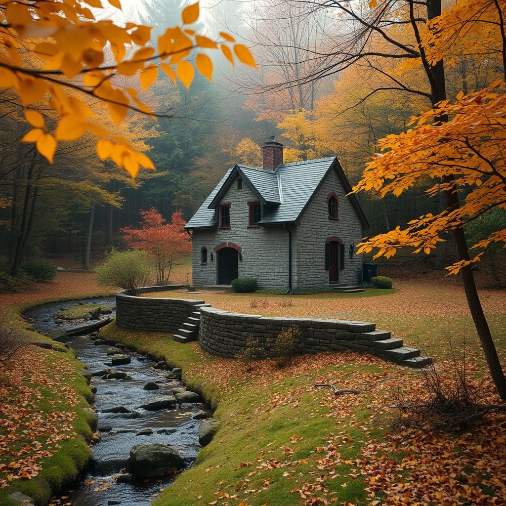 Autumnal Stone House by Serene Stream: Cinematic Film Still