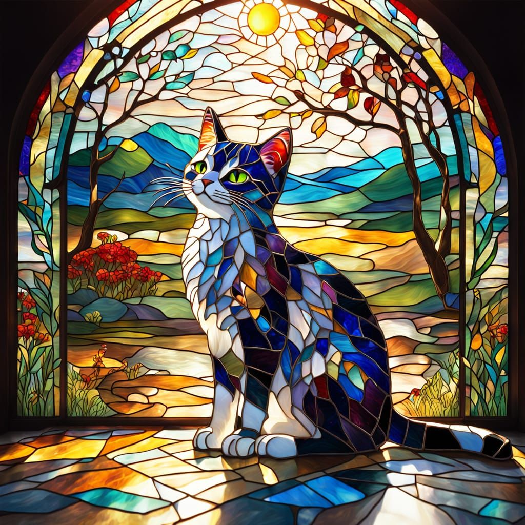 Glass Cat in Stained Glass Landscape