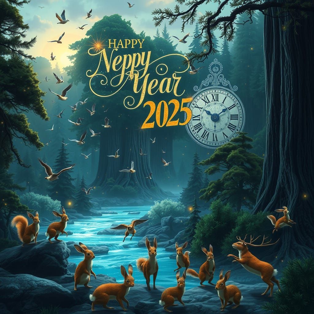 Ethereal Forest at Dusk with Majestic Clock and Fireflies