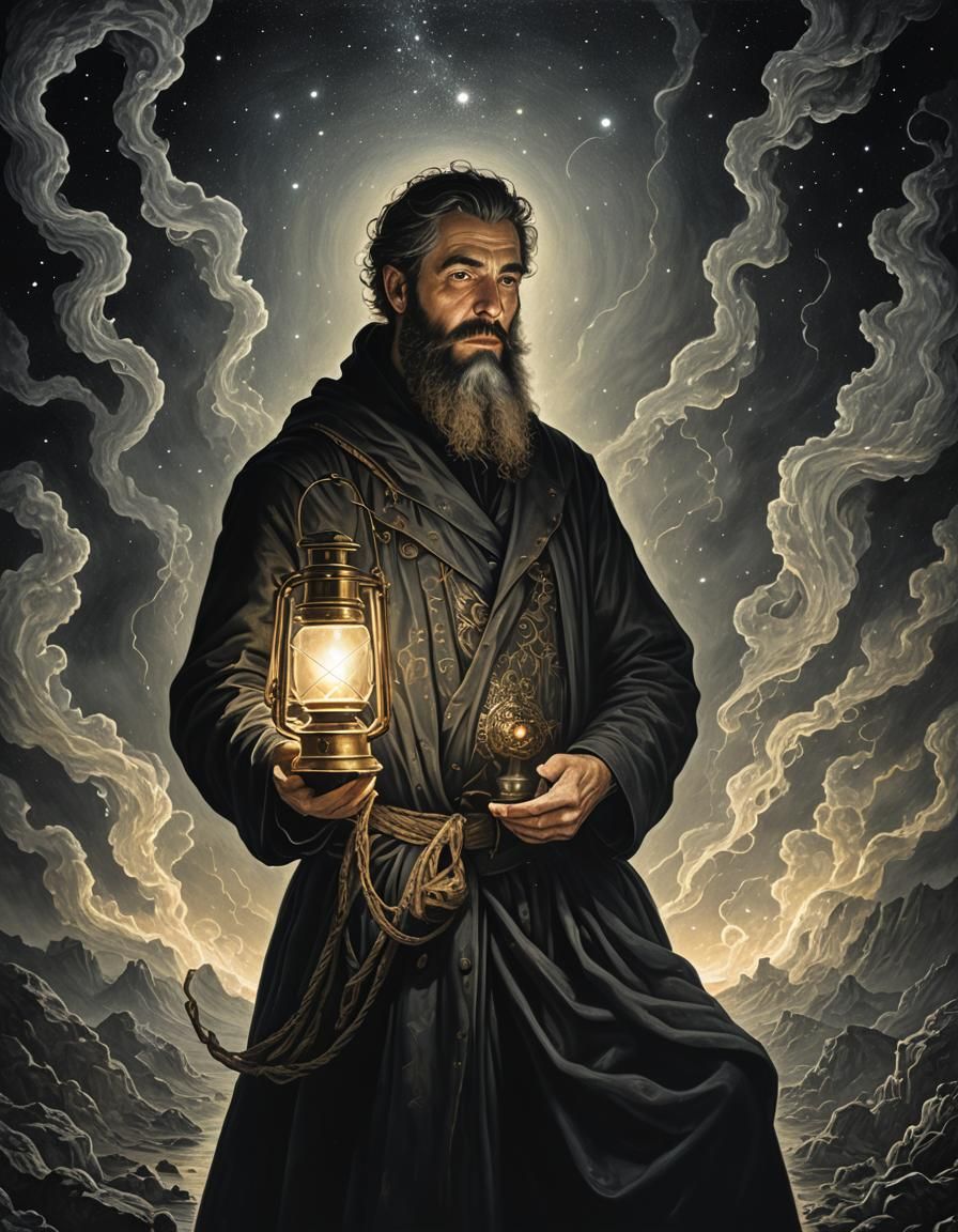 Bearded Man with Lantern: Film Noir Acrylic Art