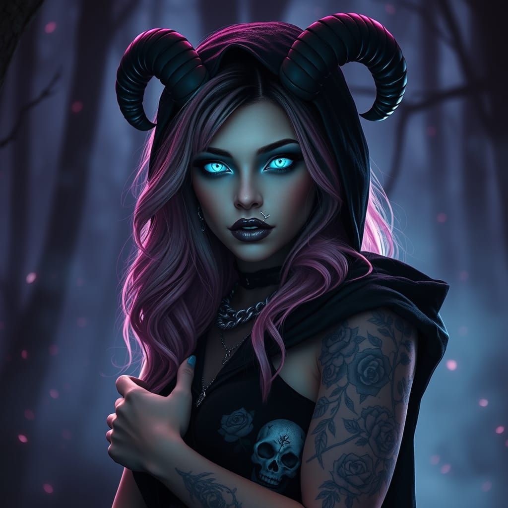 Dark Fae Demoness in Enchanted Forest with Cyan Eyes