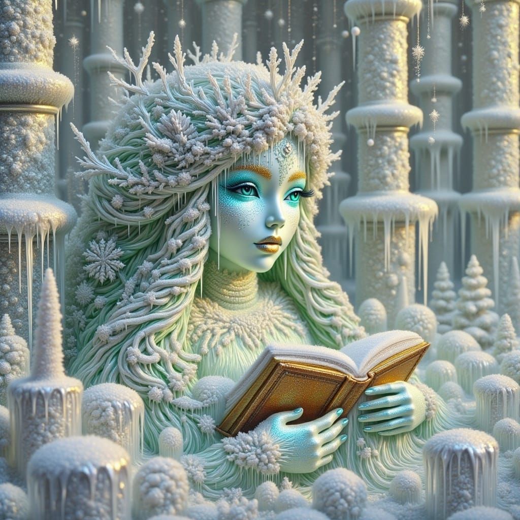 Regal Ice Queen in Labyrinthine Library of Shimmering Shelve...