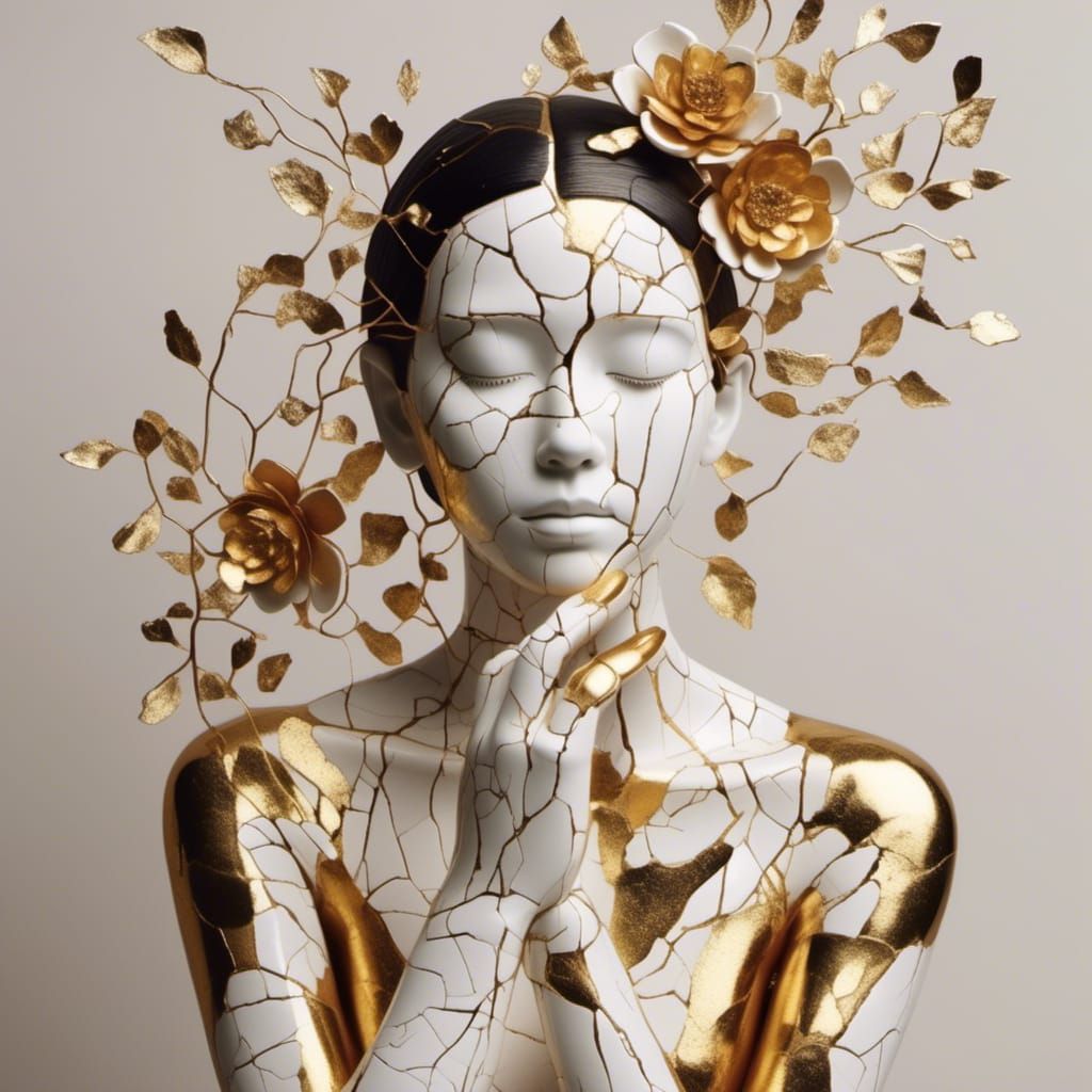 Gold Kintsugi Flower Woman Portrait